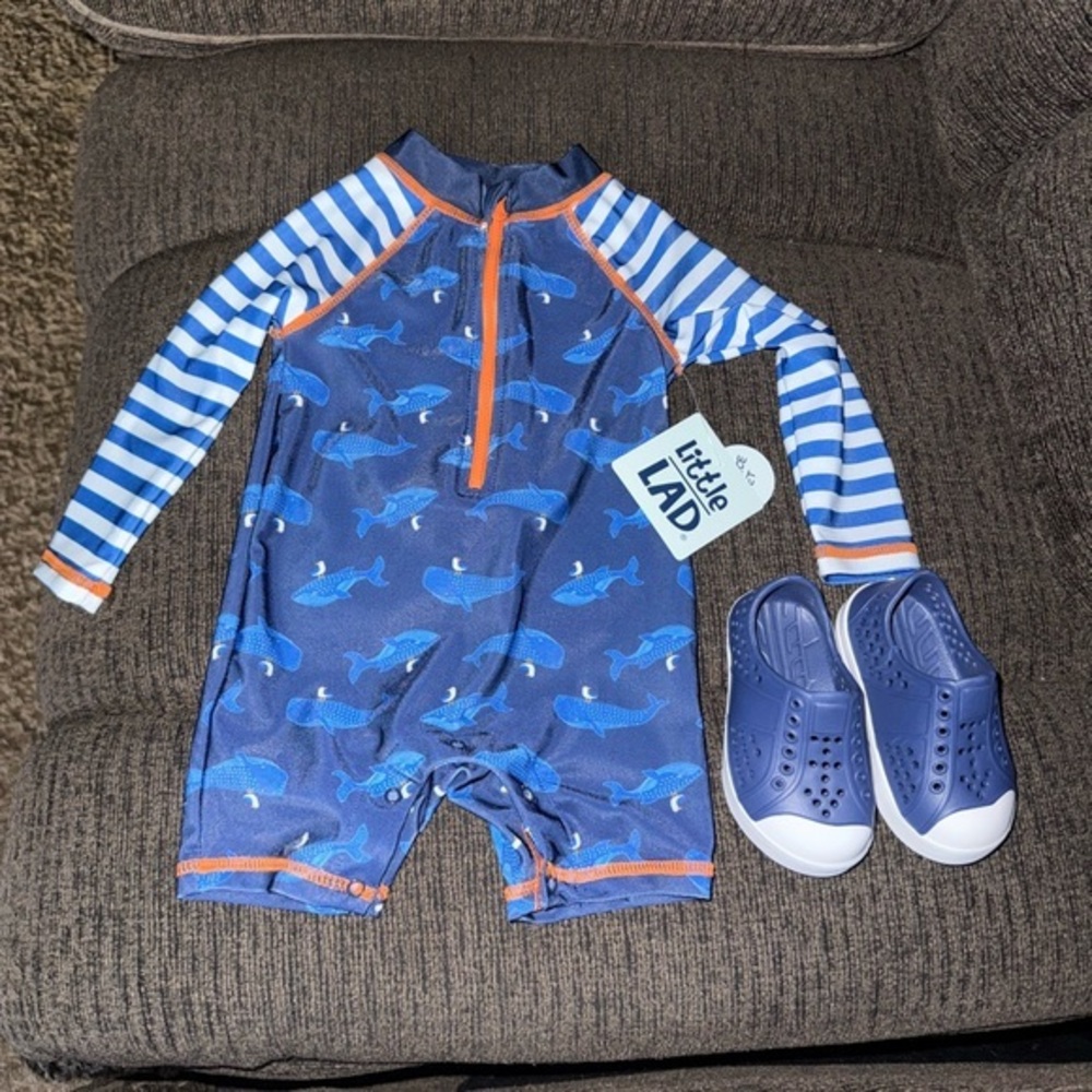 Whale Print Swimsuit with Striped Accents